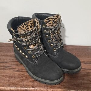 Bronx Leather Black Women's Boots with Leopard Print Sz 38